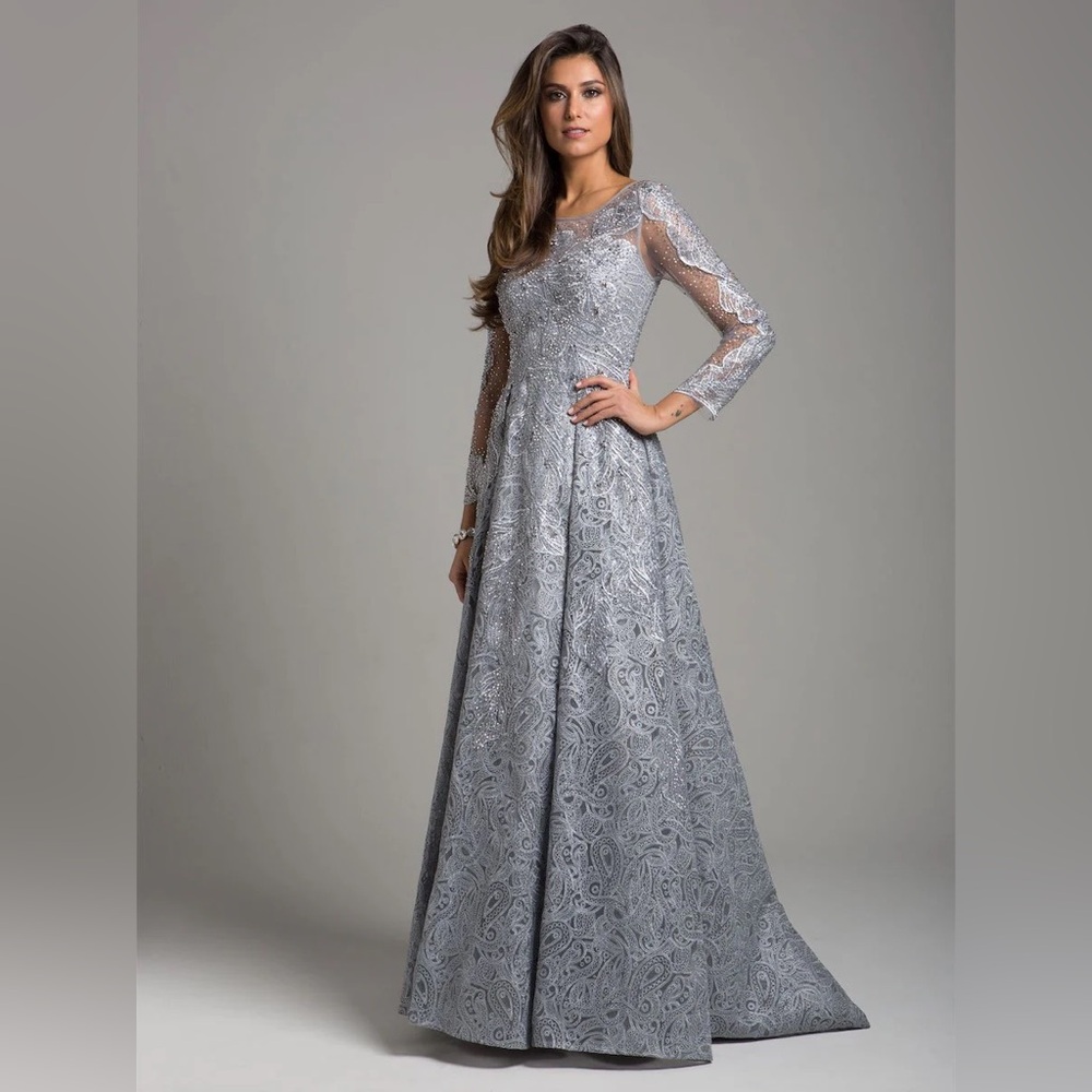 Lara 29923 LACE HIGH NECK DRESS - Size 10 in Grey